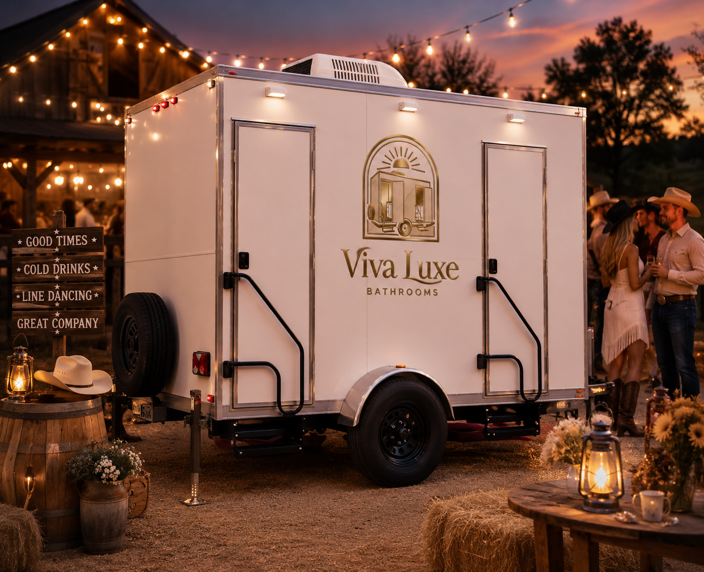 Viva Luxe restroom trailer at evening event